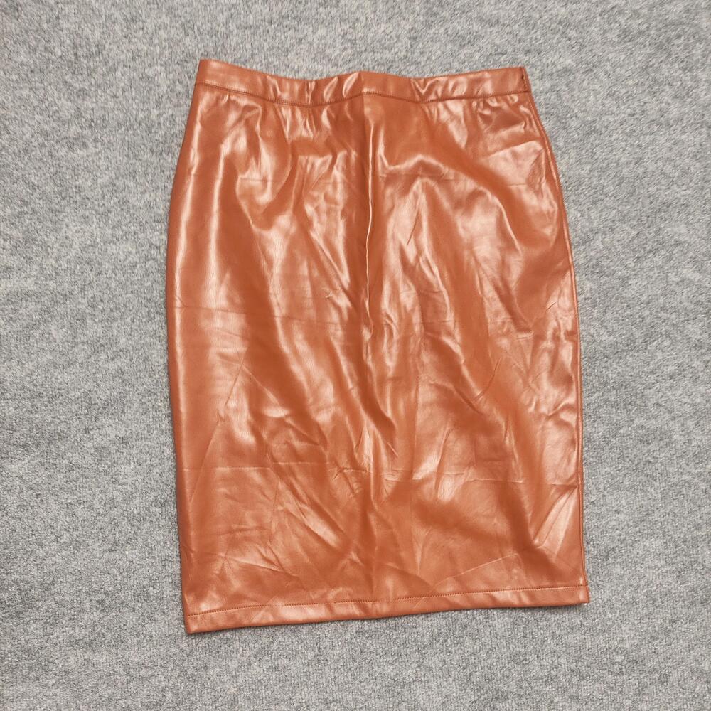 Kate Kasin Skirt Womens Large Brown Faux Leather Pencil Knee Zip Slit Lined